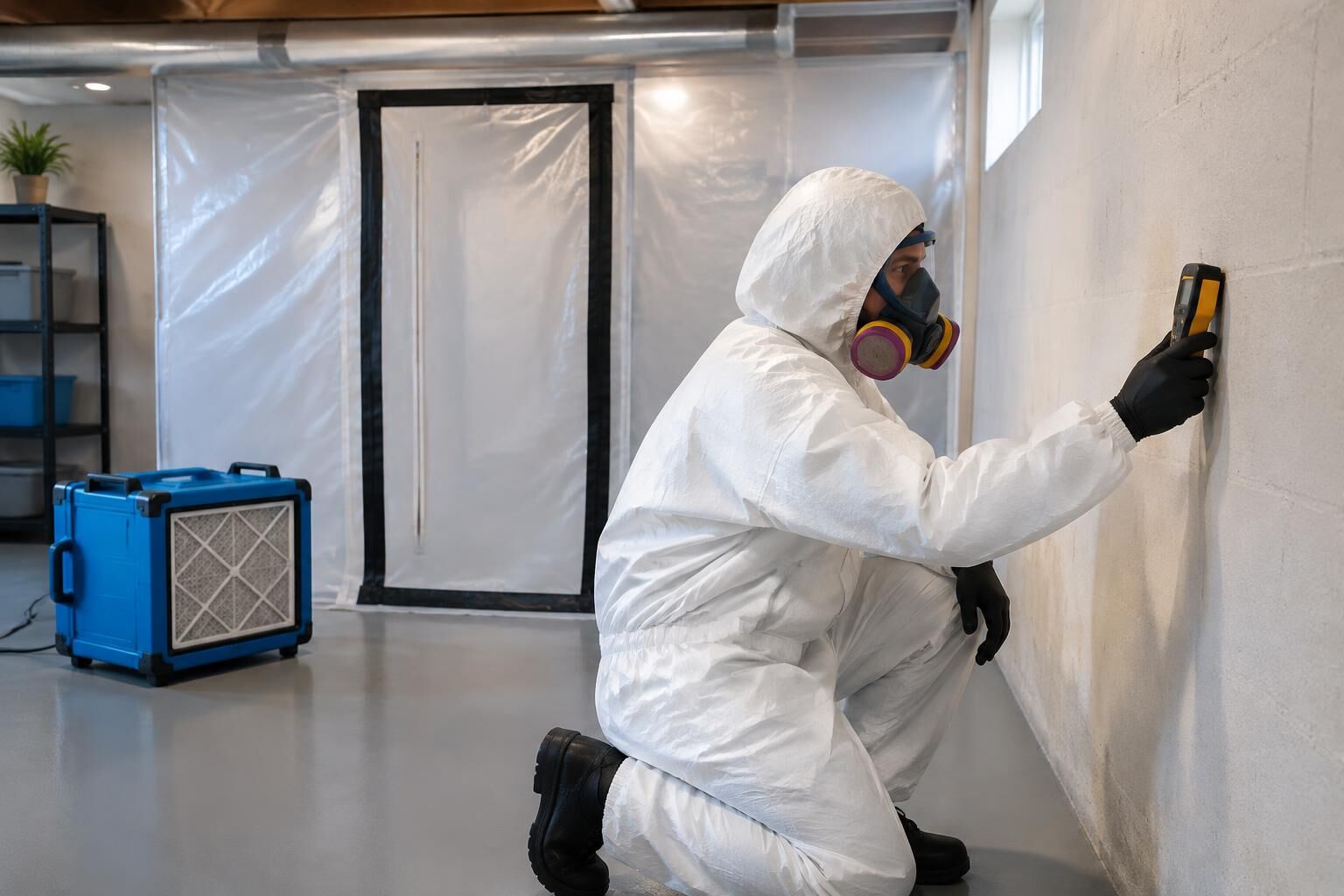 Technician in full protective equipment testing a basement wall for moisture
