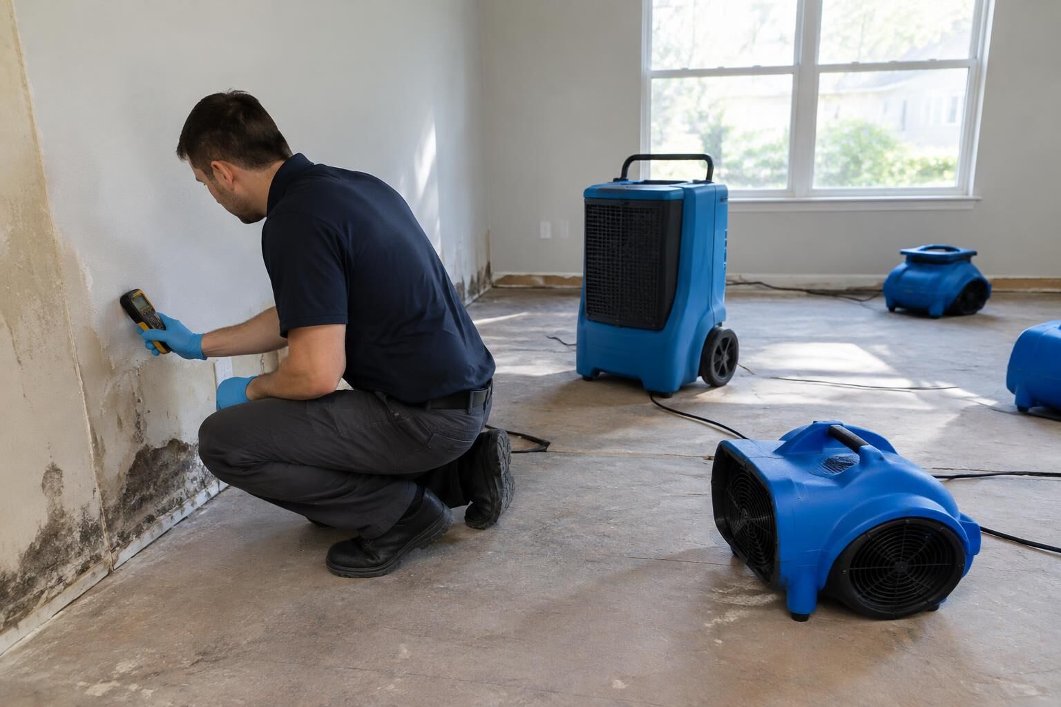 Air movers and a dehumidifier drying a room after water damage